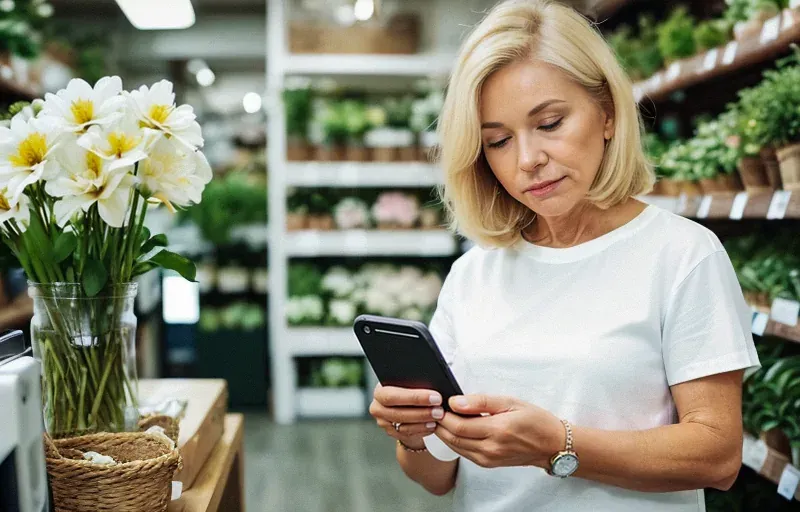 Eine blonde Frau mittleren Alters in einem Blumenladen schaut konzentriert auf ihr Smartphone, neben ihr steht eine Vase mit weißen Blumen.