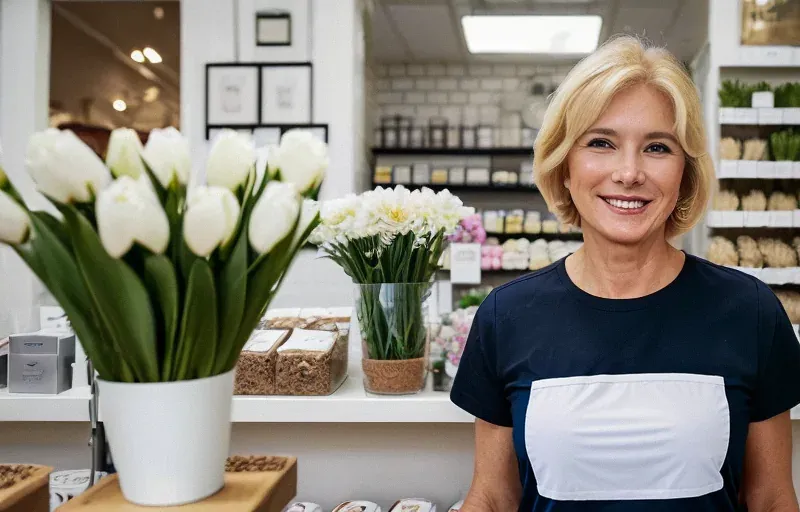 Eine lächelnde blonde Frau steht in einem Blumenladen neben einem weißen Topf mit Tulpen und weiteren Blumen im Hintergrund