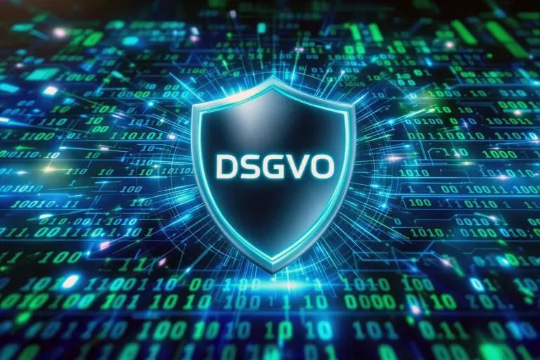 Digitales Schild mit der Aufschrift 'DSGVO' vor einem Hintergrund aus leuchtenden Datenströmen, symbolisiert Datenschutz und Einhaltung der Datenschutz-Grundverordnung.