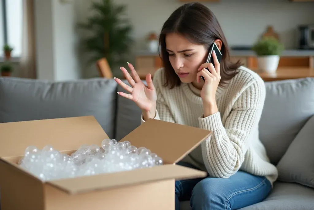 Verzweifelte Frau sitzt auf dem Sofa, telefoniert und überprüft den Inhalt einer geöffneten Box mit Verpackungsmaterial.
