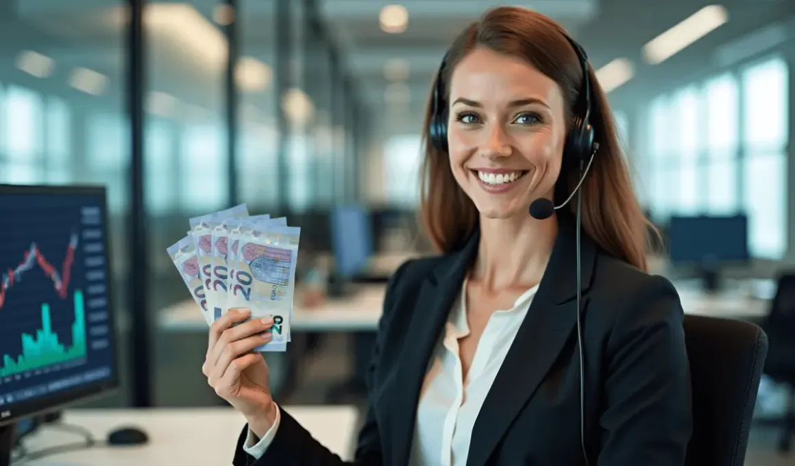 Hand greift nach Euro-Münzen vor einem Headset – Kosten eines Telefonservices.