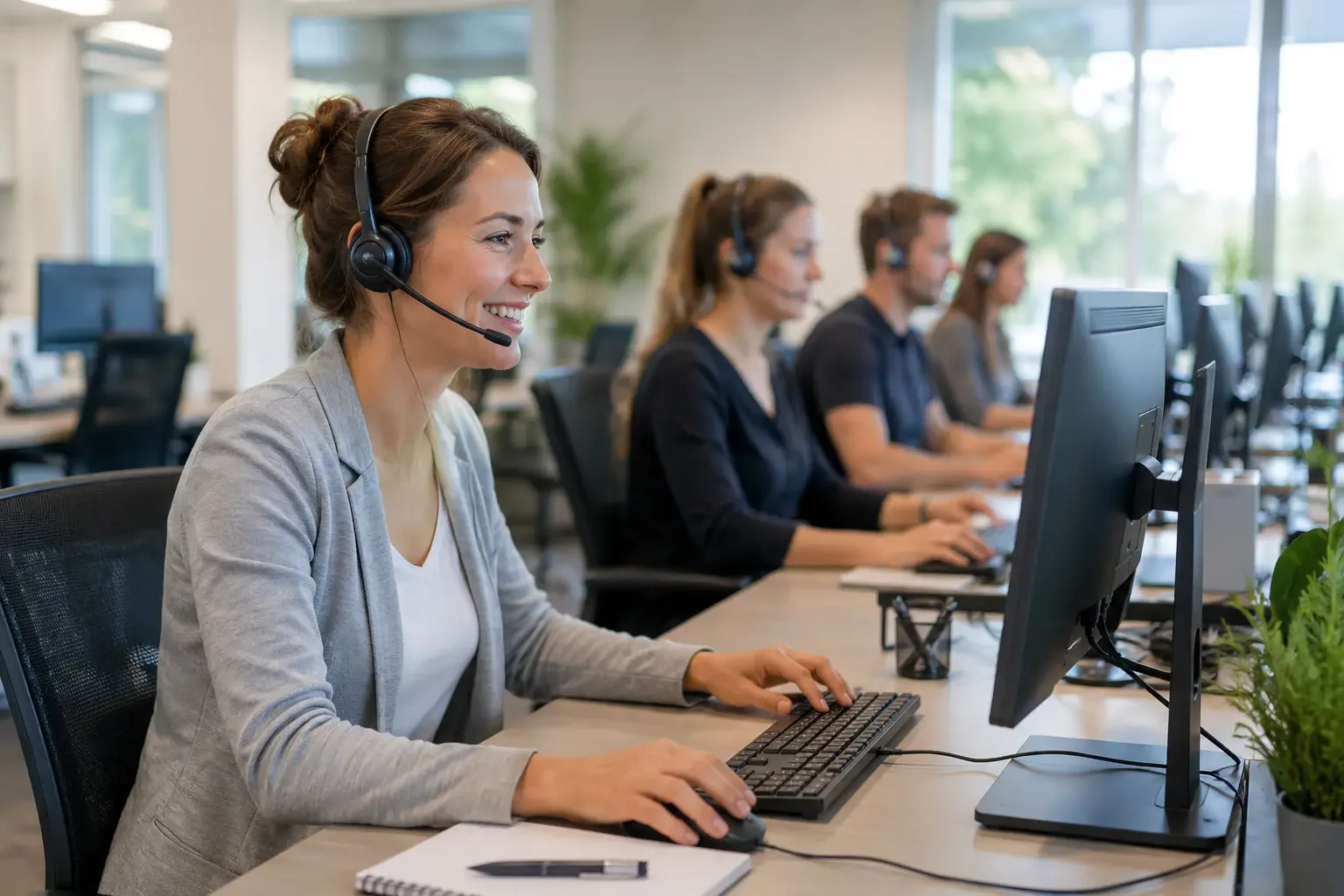 Callcenter-Team von starbuero.de berät gemeinsam am Laptop
