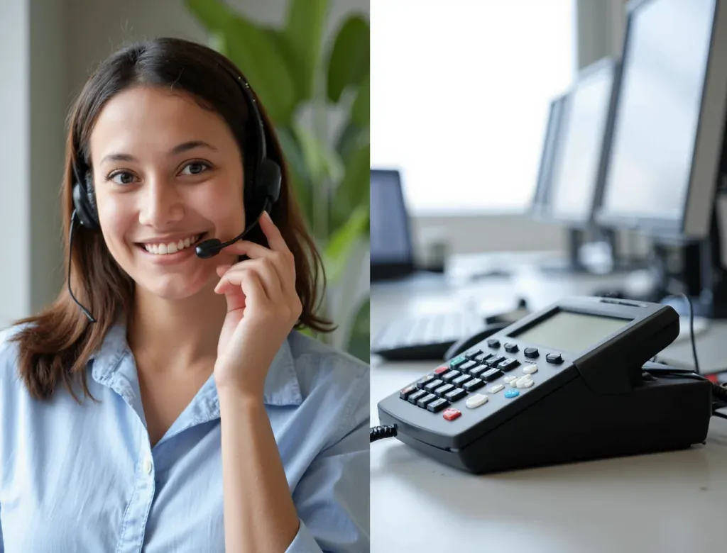 Freundliche Call-Center-Mitarbeiterin mit Headset neben einem Schreibtisch mit Telefon und Monitoren.